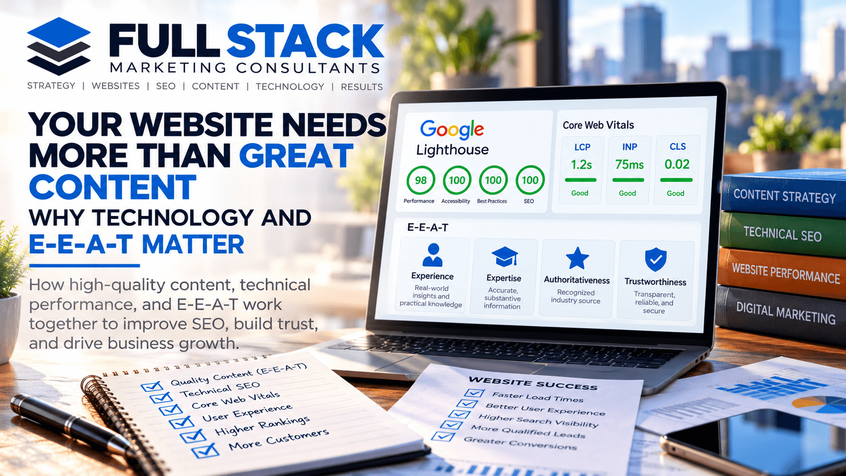 Website content and technical performance optimization featuring Google Lighthouse, Core Web Vitals, E-E-A-T, and SEO best practices.
