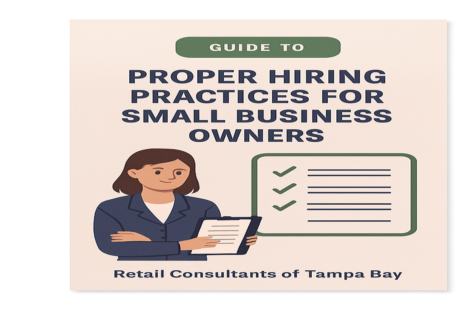 Illustrated professional woman holding a clipboard with a checklist, alongside bold text reading “Guide to Proper Hiring Practices for Small Business Owners” with Retail Consultants of Tampa Bay branding